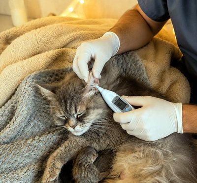 A veterinarian taking a cat's temperature with an aural thermometer while the cat rests on a blanket at home